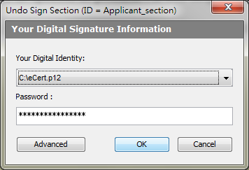 Enter password in "Sign Section" Dialog Box