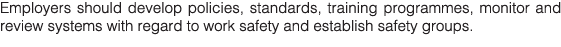 Employers should develop policies, standards, training programmes, monitor and review systems with regard to work saf   