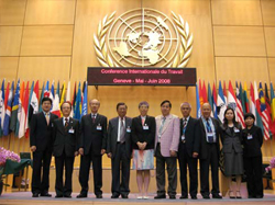 Deputy Commissioner for Labour (Labour Administration) Mrs. Jenny CHAN MAK Kit-ling (fifth from left), and members of the tripartite team at the 97th Session of the International Labour Conference in Geneva, Switzerland.
