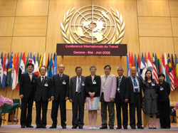 Deputy Commissioner for Labour (Labour Administration) Mrs. Jenny CHAN MAK Kit-ling (fifth from left), and members of the tripartite team at the 97th Session of the International Labour Conference in Geneva, Switzerland.